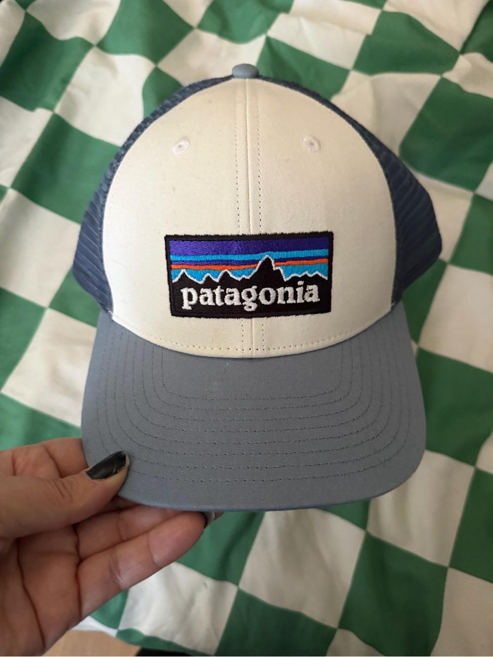 Patagonia Gray & White Trucker Hat with Multicolor Logo Trim